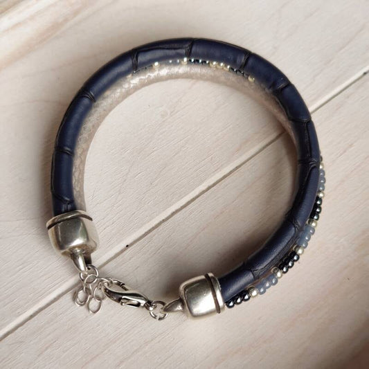 Armband Scabiosa | Leer SR - blauw/grijs