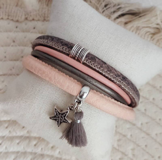 Armband Dianthus | Leer SR - zalm/grijs
