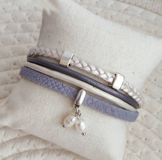 Armband Anemoon | Leer SF - blauw/wit
