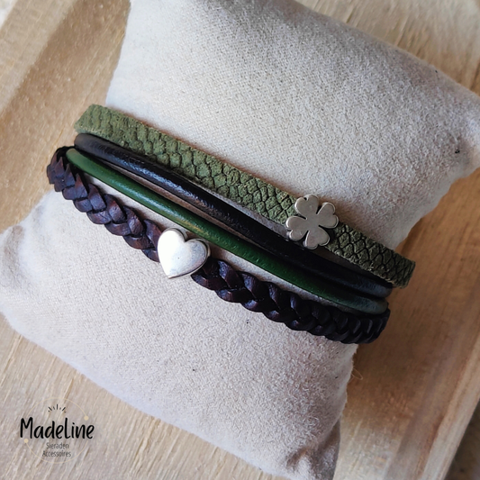 Armband Klaver | Leer SF - zwart/groen